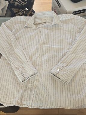 BKE Cream and Light Blue Striped Men's Dress Shirt